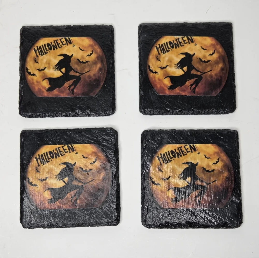 Halloween Whimsigoth Witch‎ Slate Coasters Black and Orange Flying On Broom - Picture 2 of 8